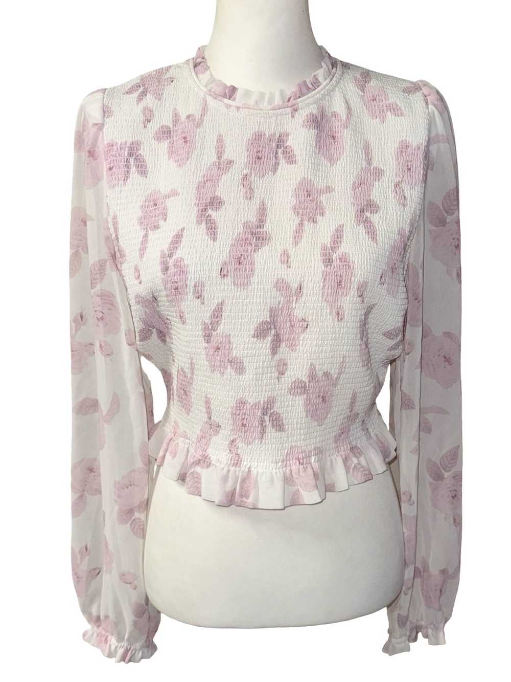 Aritzia Wilfred Tempest Blouse White Purple Sheer Smocked women’s Large